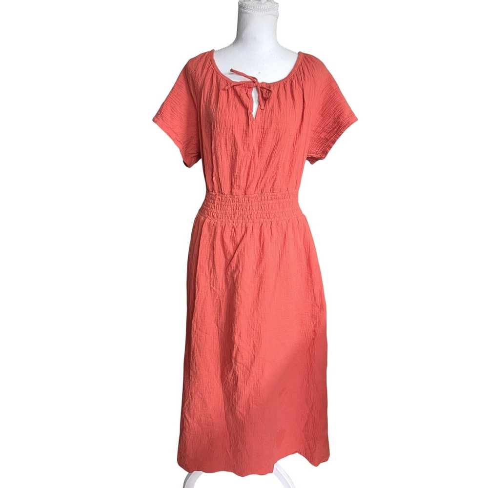 Pact Coastal Double Gauze Boho Coral Midi Dress Sz XL Organic Cotton Beachy - Picture 7 of 16